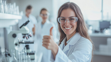 Fototapeta premium Group of Clinical Researchers Smiling and Giving Thumbs Up in Laboratory: Microscope, Test Tubes, and Glass Apparatus in Background, Light Background. photo