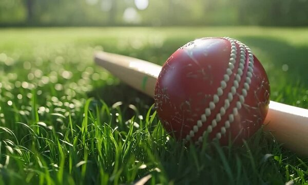 High-quality cricket bat and ball on a grass field, Video