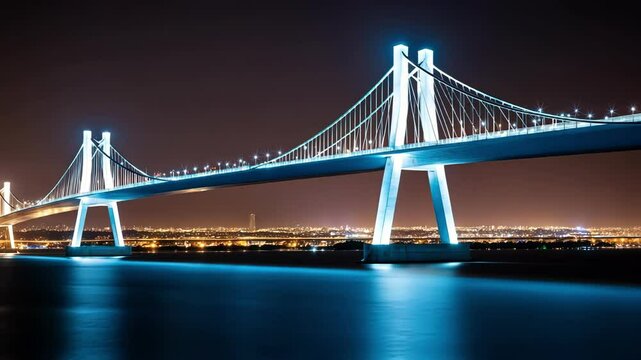 A stunning illuminated bridge spans over calm waters, showcasing modern architecture against a vibrant city skyline at night