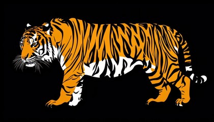 Obraz premium A stylized illustration of a tiger with bold orange and black stripes on a black background.