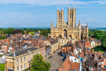 A view from the castle battlements towards the Cathedral and surrounding district in Lincoln, Lincolnshire in summertime