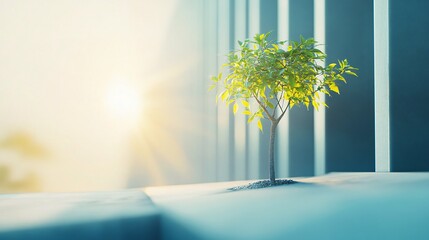 Small tree growing near window in modern building at sunrise