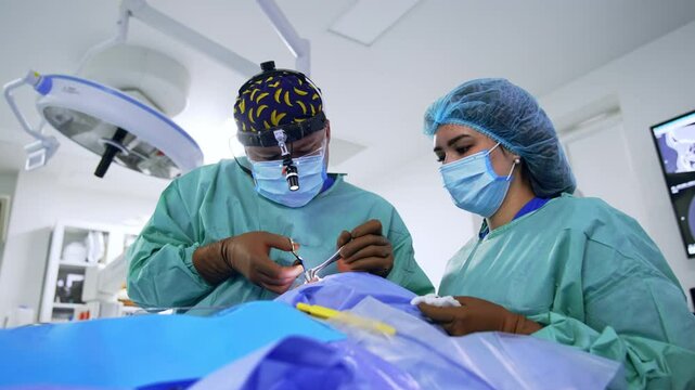 Male surgeon wearing a headlight shoves a long metal tool into the nasal cavity of the patient. Female scrub nurse holds the prepared sponge for the doctor.