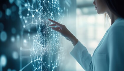 Concept Of Big Data And Digital Neural Networks: Businesswoman'S Hand Introducing Artificial Intelligence In The Cyberspace Of The Future Using Science And Technology Innovation.