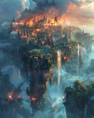 A breathtaking floating city engulfed in flames, surrounded by waterfalls and lush greenery, under a dramatic sky.