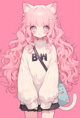 anime girl cat with school bag
