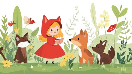 Naklejka premium Illustration of a girl in a red hood with woodland animals around her, set in a vibrant forest with flowers and greenery.