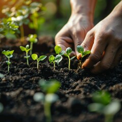 A close-up of hands planting young seedlings in rich, dark soil, symbolizing growth, care, and the start of a new gardening journey.