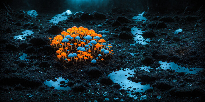 Orange psilocybin mushrooms,grow on a volvanic soil in groups in a specific volcanic microclimate. Digital photorealistic illustration. The medicine of the future, a super medicine, smart drug