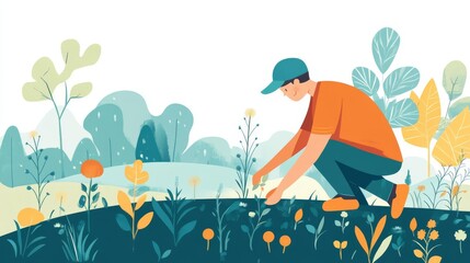 Illustration of a person gardening, surrounded by vibrant plants and flowers, in a serene outdoor scene. Perfect for nature and gardening concepts.