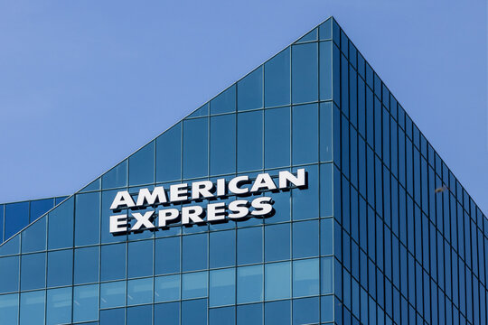 Toronto, Canada, September 10, 2024; The American Express name sign without the logo on a glass high rise office building in Toronto.
