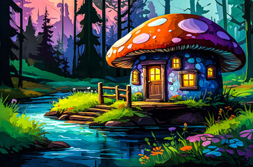 A cozy mushroom house perched by a gently flowing river vector art oil painting art illustration on...