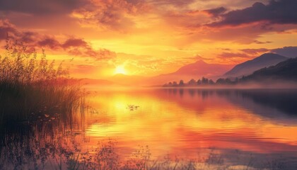 Fototapeta premium Solitude and tranquility captured in a peaceful landscape at sunset, with warm colors reflecting on the water, solitude and tranquility, serene setting