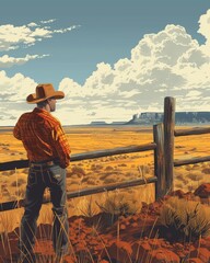 Fototapeta premium A cowboy stands by a wooden fence, gazing across the vast desert landscape under a blue sky with fluffy clouds.