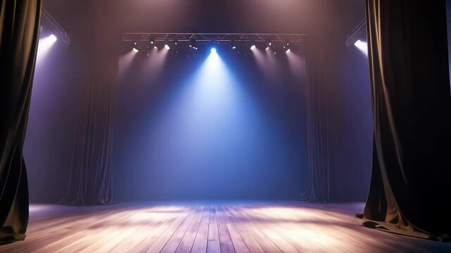 An empty stage illuminated by spotlights, setting a dramatic atmosphere for an anticipated performance