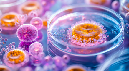 A close up of a cell with a pink and orange nucleus. The cell is surrounded by other cells, some of which are purple. Concept of scientific exploration and discovery