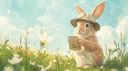 Fototapeta premium A cute rabbit in a hat sits in a meadow, holding a small package among blooming flowers under a sunny sky.