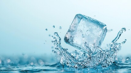 Obraz premium Water splashing dramatically around a floating ice cube, Water splash, coolness, refreshment