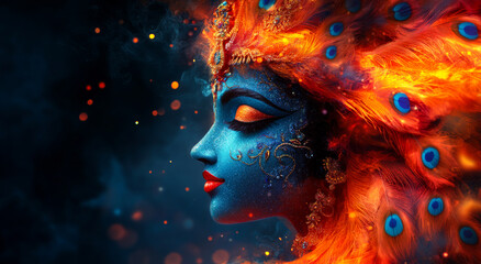 Closeup portrait of Hindu god Lord Krishna with blue skin and beautiful jewelry. Lord Krishna