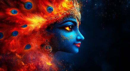 Closeup portrait of Hindu god Lord Krishna with blue skin and beautiful jewelry. Lord Krishna
