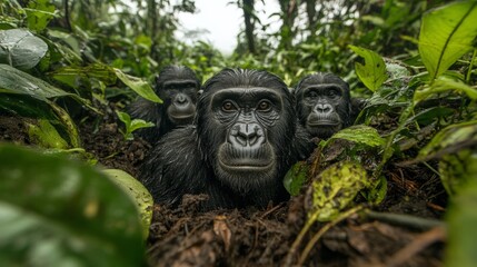 Obraz premium Three Curious Chimpanzees Peeking Through the Lush Foliage of a Tropical Jungle