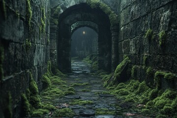 A dark, moss-covered stone passageway leading through ancient, weathered arches, perfect for use in fantasy themes, video games, or historical mystery settings