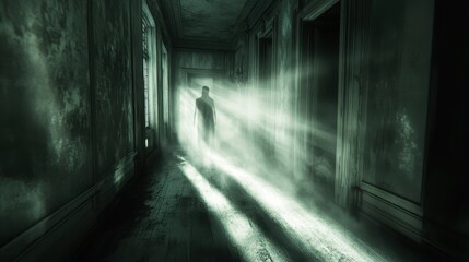A silhouette of a person stands in a dimly lit, eerie hallway with rays of light streaming through, ideal for use in themes of mystery, horror, and paranormal content,
