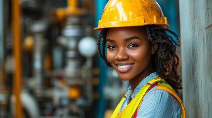 A woman wearing a yellow hard hat and a safety vest is smiling. She is posing for a picture