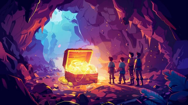 A group of adventurous kids discover a hidden treasure in a mystical cave, illuminated by shimmering gold and vibrant colors.