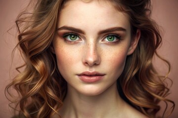 Emotive portrait of a fashionable model with red (ginger) curly hair and natural make-up posing over grey background. Perfect skin with freckles. Studio shot