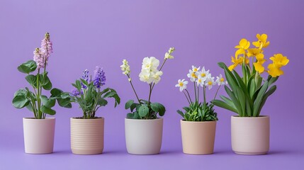 A collection of minimalist ceramic pots in soft neutral tones, each holding a different flower, arranged on a bold purple background