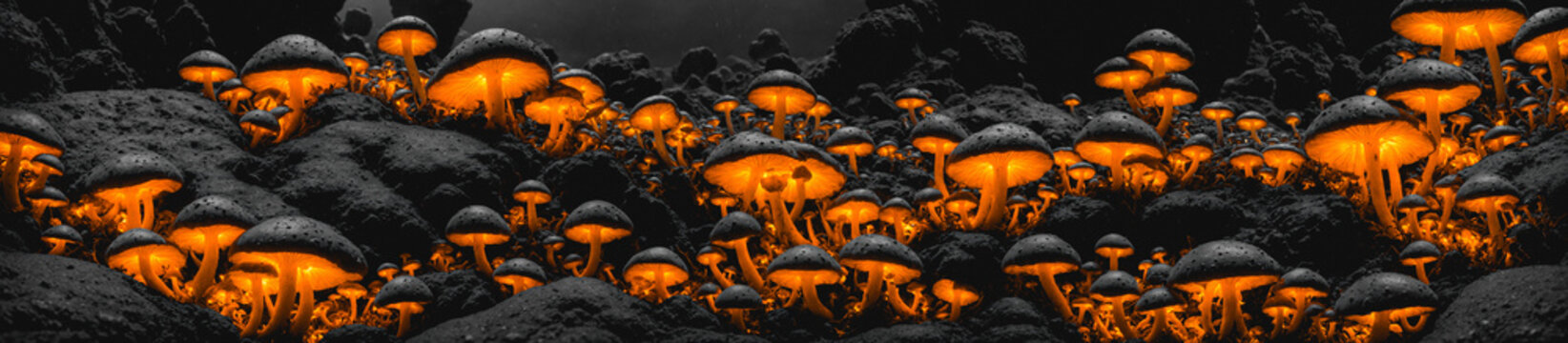 Bioluminescent mushrooms with orange gills growing deep in a cave. Digital panoramic photorealistic illustration.  