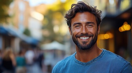 Fototapeta premium Handsome man smiling outdoors, showing confidence and positive emotions