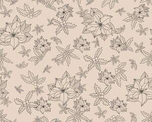 Floral seamless pattern Christmas symbol contour line art style drawing twigs holly flowers poinsettia hand drawn beige background