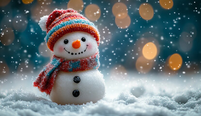 A snowman with a red hat and scarf is smiling in the snow. The image has a cheerful and festive mood, as it captures the joy of winter and the fun of building a snowman