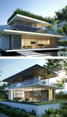 Fototapeta premium Modern Sustainable House with Solar Panels and Green Roof in a Suburban Setting