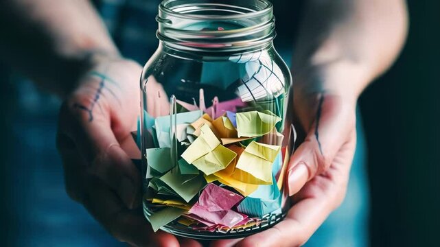 A close up of hands holding a jar filled with colorful paper notes, conveying creativity and emotion through an intimate composition