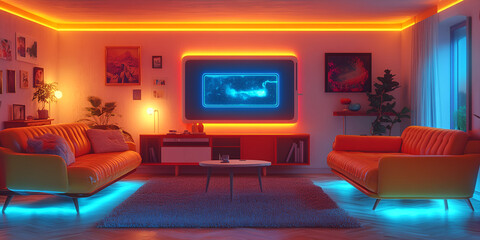 Stylish living room ideas for modern homes include a screen TV, a cozy couch, and vibrant neon lights
