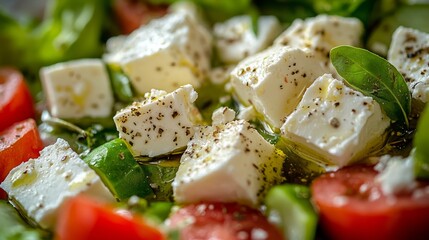 Close Up of Feta Cheese Salad with Tomatoes and Cucumber