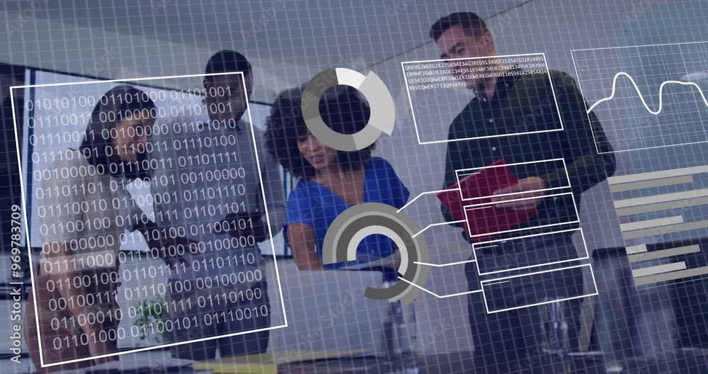 Poster business team collaborating with data charts and binary code animation