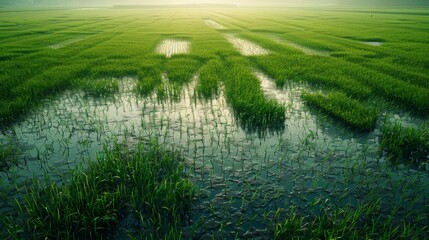 Obraz premium Verdant Spring Paddy Field Reflecting Lush Greenery and Serene Atmosphere
