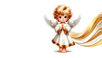 Fototapeta premium Peaceful angel on golden waves, perfect for spiritual themes with copy space and white background