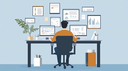 A man sitting at a desk working on a computer, with many graphs and charts on the screen and wall.