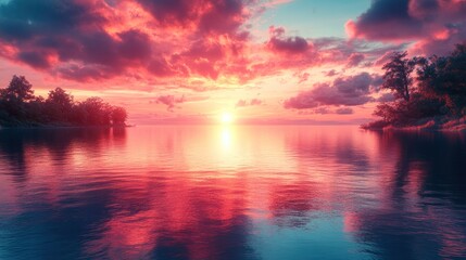 Fototapeta premium Serene Sunset Over a Still Lake With Trees on the Shore