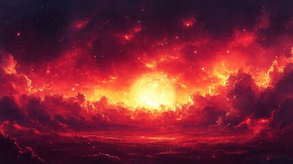 Obraz premium Red Sky with Bright Star and Clouds