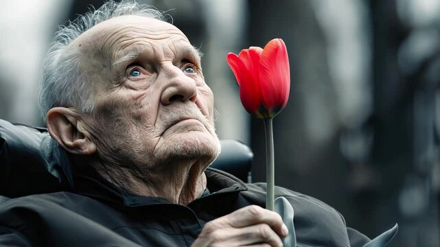 An elderly man with red tulip in his hands in wheelchair