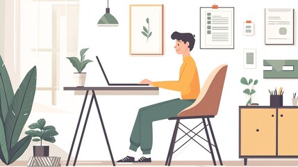 A man works on his laptop in a modern office setting.