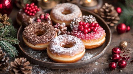 Festive Donuts with Christmas Decorations