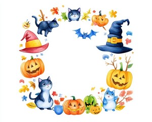 Fototapeta premium Colorful Halloween-themed illustration featuring cute cats, pumpkins, and festive elements in a playful frame.