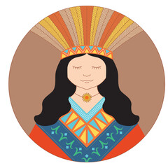 Round mandala of Indigenous woman with tunic and headdress, featuring symmetric geometric shapes and decorative elements
